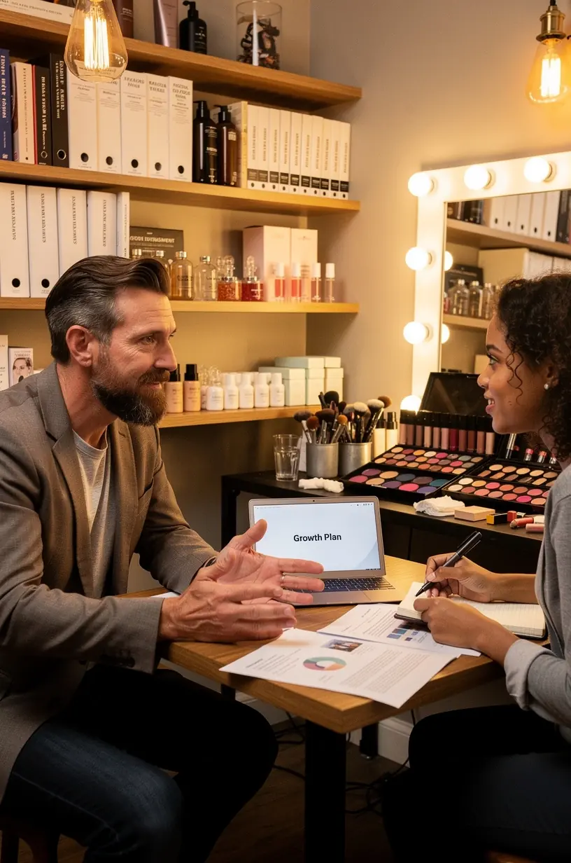 Trener biznesowy omawiający plan działania podczas sesji mentoringowej z właścicielami małych firm beauty.