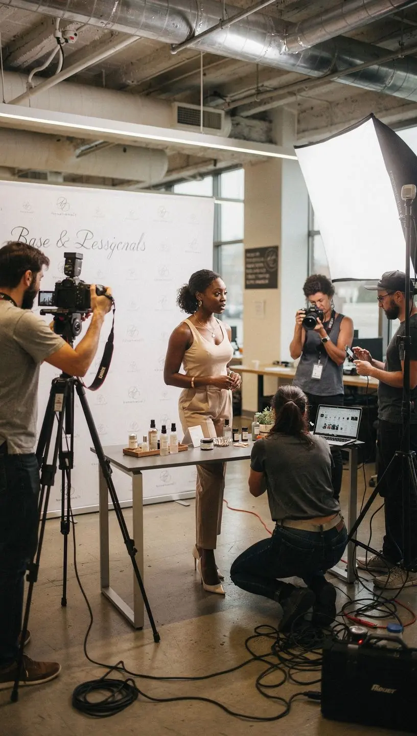 Przestronne i jasne wnętrze studia z wyposażeniem do stylizacji i pielęgnacji, przygotowane do pracy zespołowej.